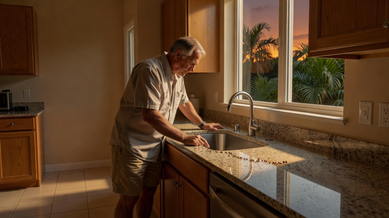 Florida homeowner inspecting a kitchen counter with a faint ant trail near the sink at dusk
