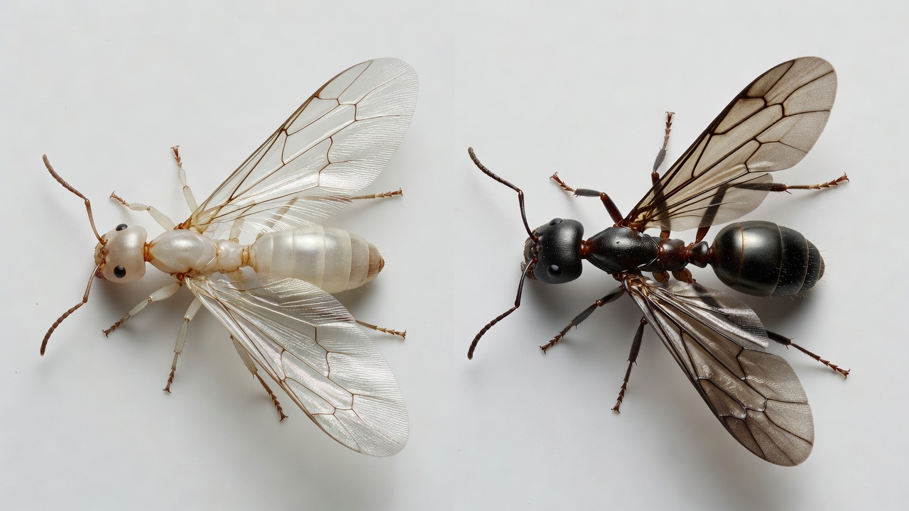 Close-up comparison of a termite swarmer with a straight body beside a flying ant with a pinched waist
