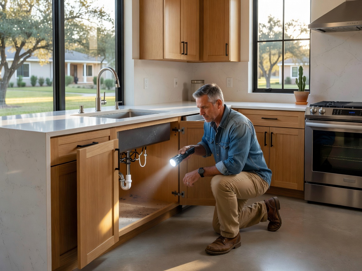 A Texas homeowner shines a flashlight under the kitchen sink to check for roaches