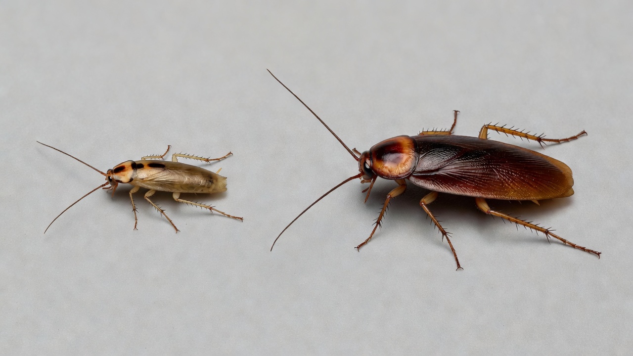 Side-by-side comparison: small tan German cockroach with two dark stripes beside a large reddish-brown American cockroach