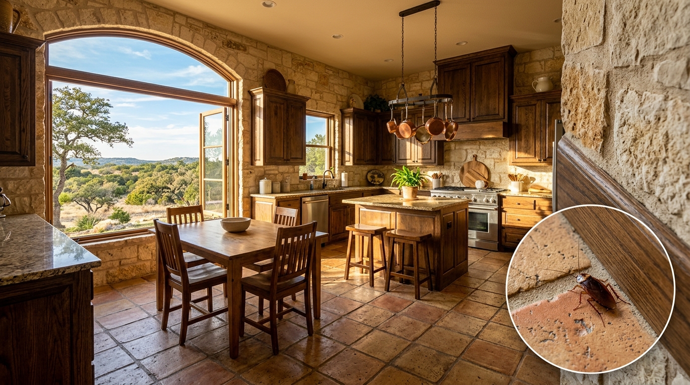 A sunlit San Antonio kitchen with a small cockroach near the baseboard by the wall.