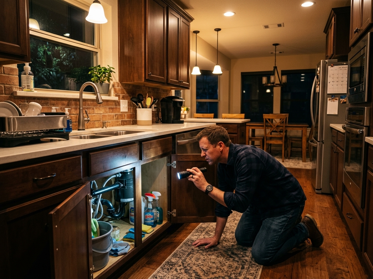 A San Antonio homeowner checking under the kitchen sink with a flashlight at night.