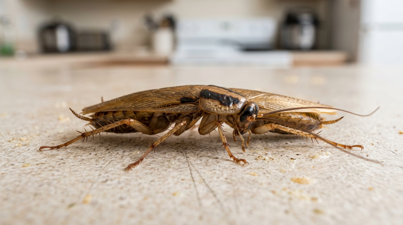 German cockroach Blattella germanica showing two parallel dark stripes on the pronotum shield behind the head.