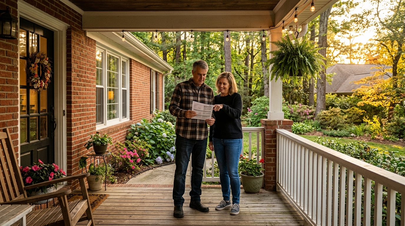 A North Carolina couple on their porch reviewing a printed pest-control estimate together at golden hour.