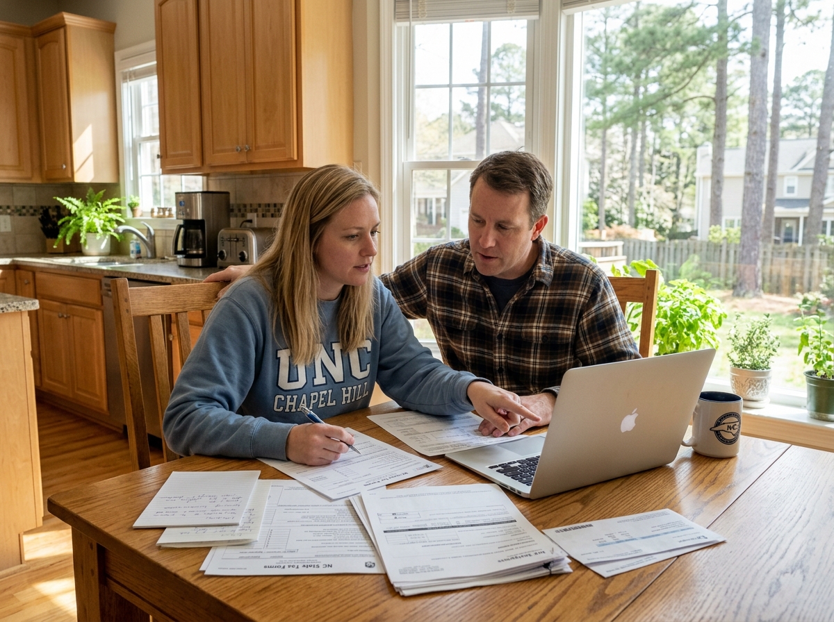 A couple reviews pest-control quotes and paperwork together at their kitchen table.