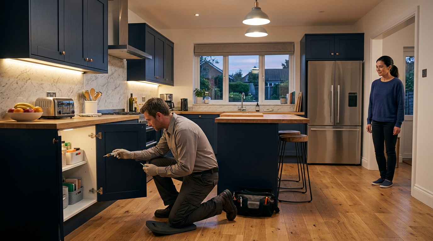 A pest-control technician placing gel bait inside a kitchen cabinet while a homeowner watches from the doorway.