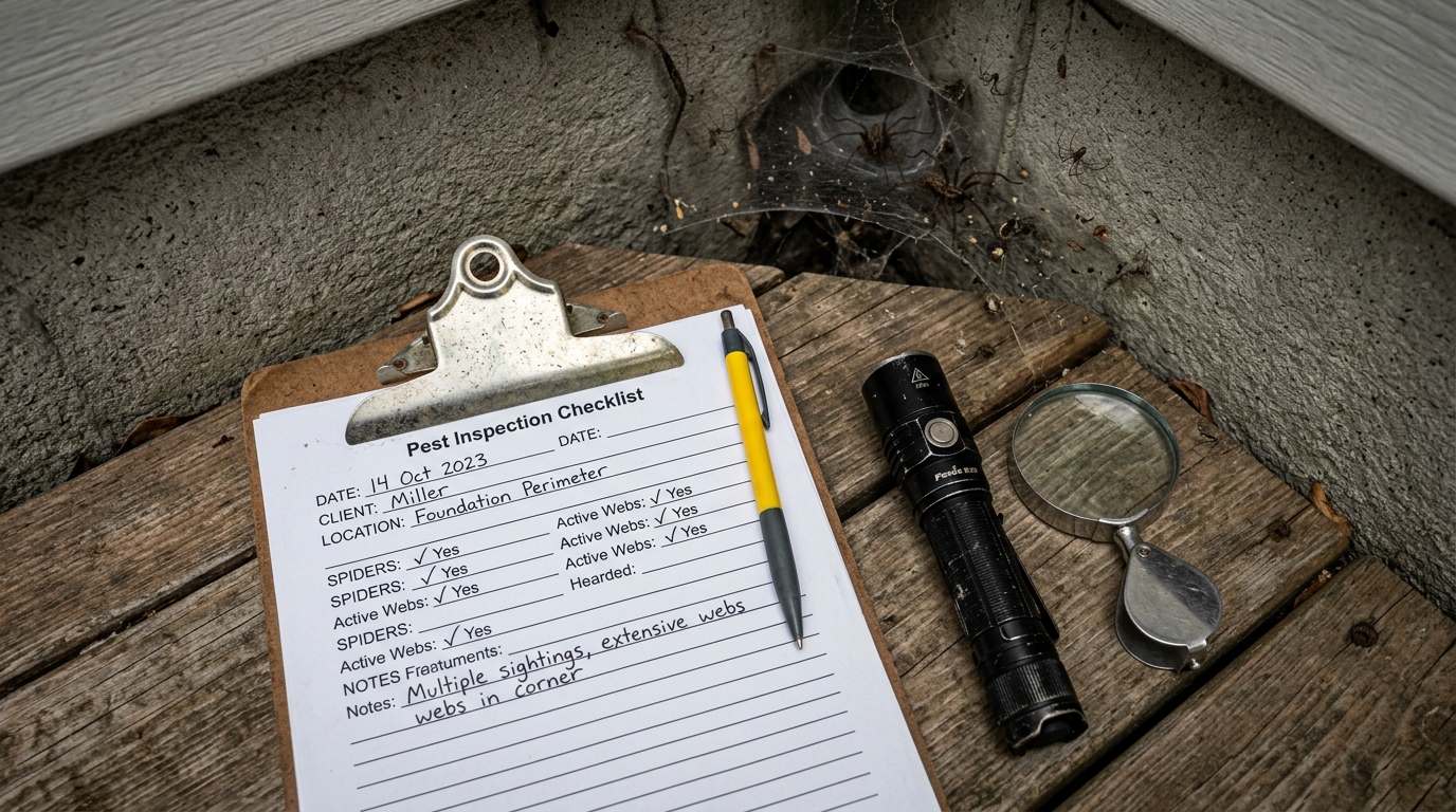 Pest control inspector checking the eaves of a suburban home for spider webs during an on-site quote visit