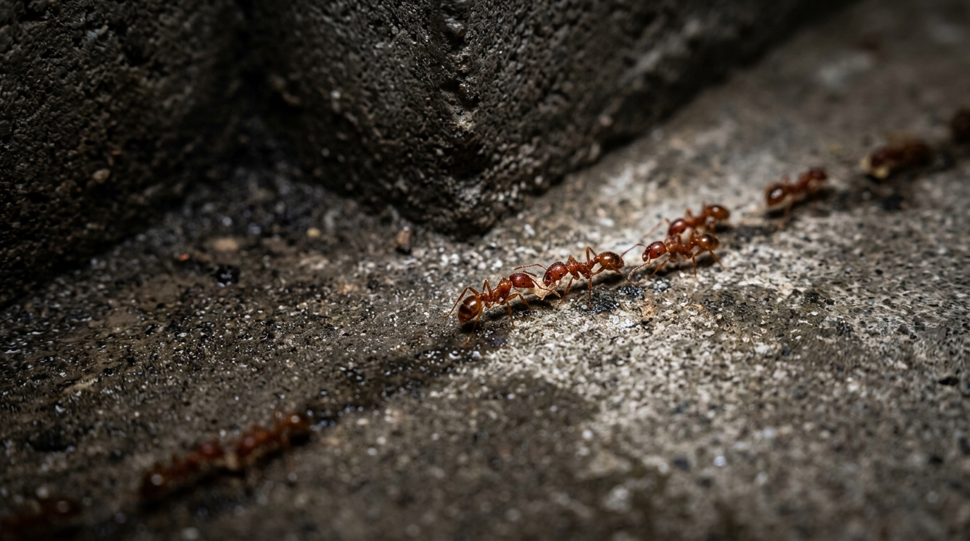 Basement corner with sump pump and a faint trail of small reddish ants along the sill plate