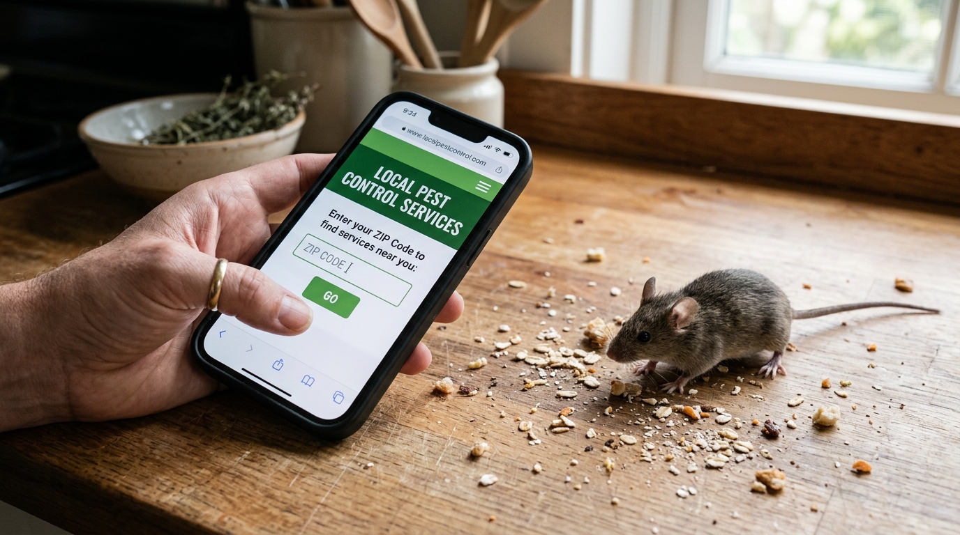 A small house mouse peeking from a gap under a kitchen cabinet baseboard in a home