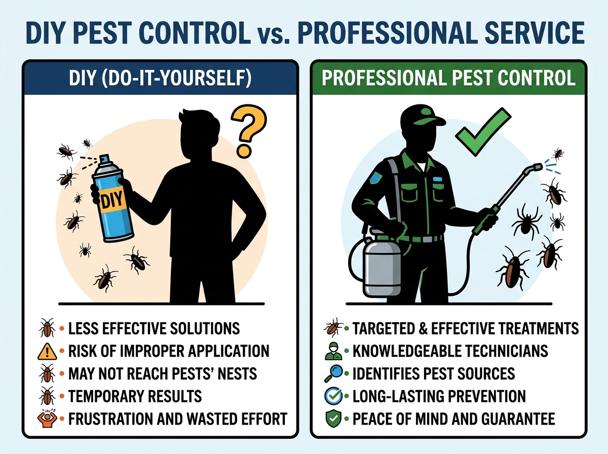 Three-step decision flowchart on a counter showing ZIP check, then pest fit, then estimate.