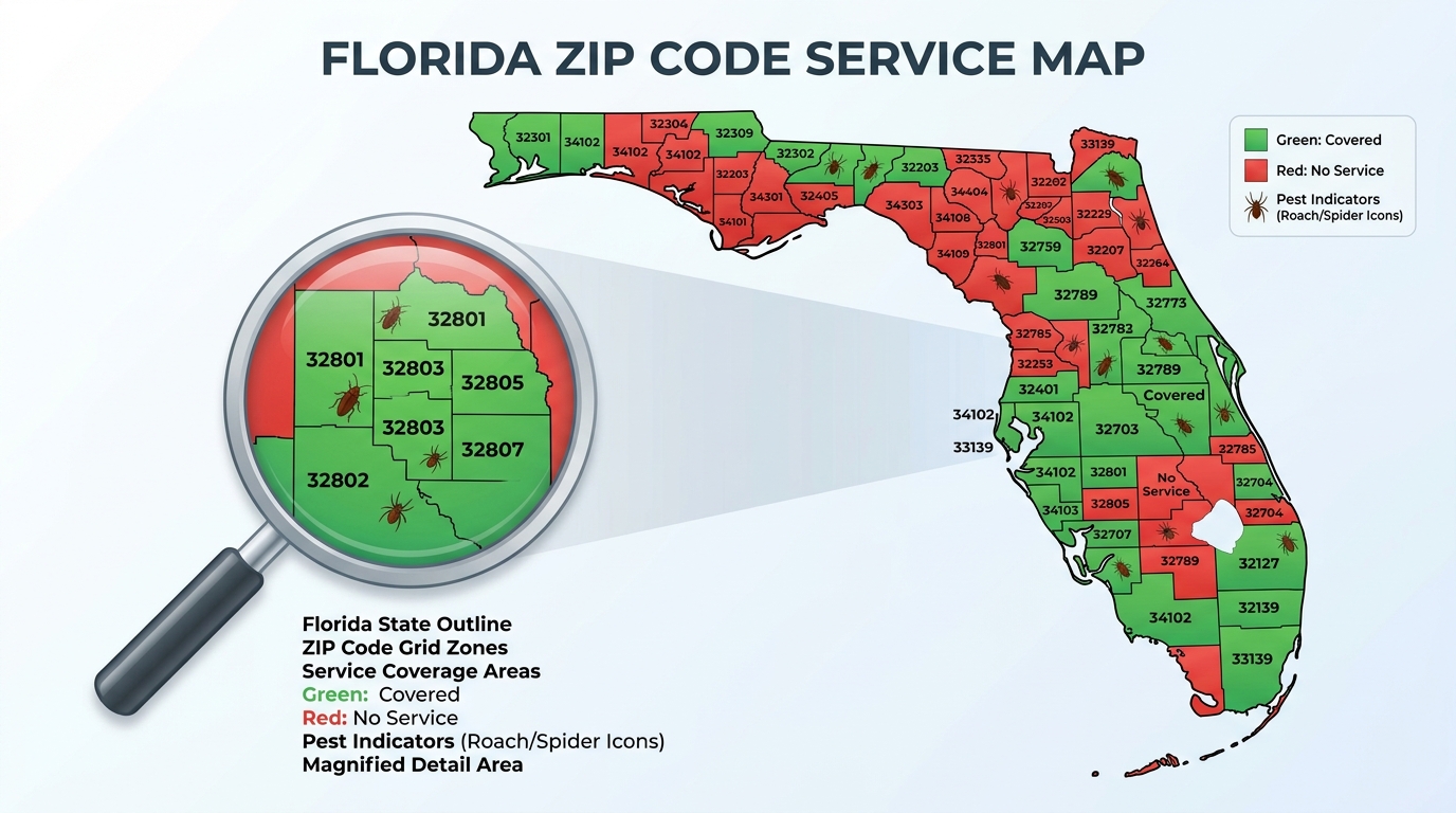 Sample Florida service-area map with dense coverage around metros and sparse rural gaps.